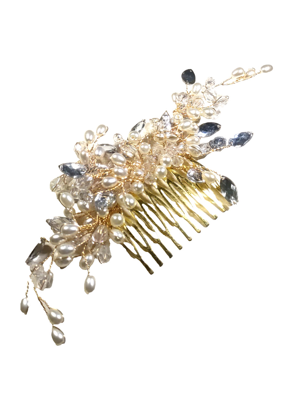 Barrette Hair Comb Gold Tone White Faux Pearls Rhinestone Bendable Wire